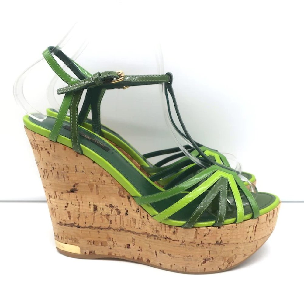 Louis Vuitton Summertime Cork Wedge Sandals Green Patent Leather Size 37.5 - Picture 2 of 12